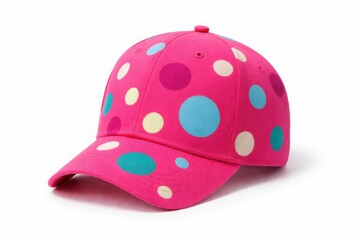 Fototapeta premium Bright pink baseball cap with large multicolor polka dots on white background