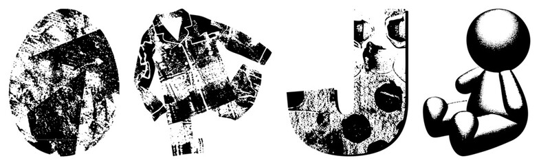 Fototapeta premium Stylized shapes featuring halftone textures, geometric forms, and fragmented design elements, ideal for graphic design or typography projects.