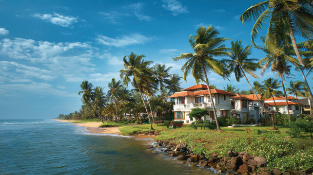 Real estate business market, house home building purchase sale. A picturesque beachfront resort in Goa, India, with a row of houses surrounded by lush palm trees, a tranquil body of water.