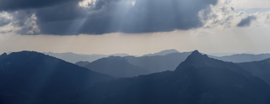 Mountain silhouettes, Dramatic mountains in the Allg&auml;u Alps with snow, Tyrol, Austria