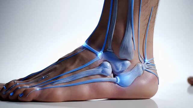 Close Up Of Human Foot And Ankle Anatomy With Blue Glowing Nerves On White Background
