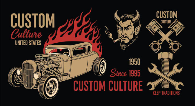 Vintage Hot Rod Car with Flames Illustration.