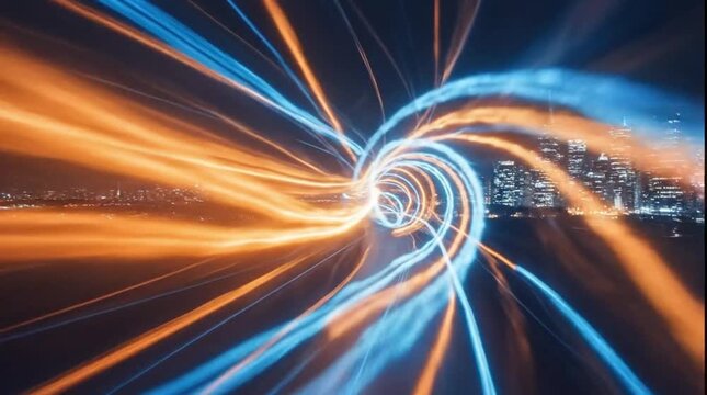 Dynamic Abstract Light Trails Tunneling Towards a Futuristic City Skyline at Night, Representing High-Speed Data Flow, Digital Connectivity, and Mo...