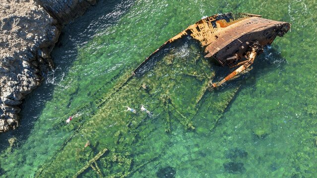 Aerial view, snorkellers at the shipwreck Olympia, Amorgos, Cyclades Island, Aegean Sea, Greece