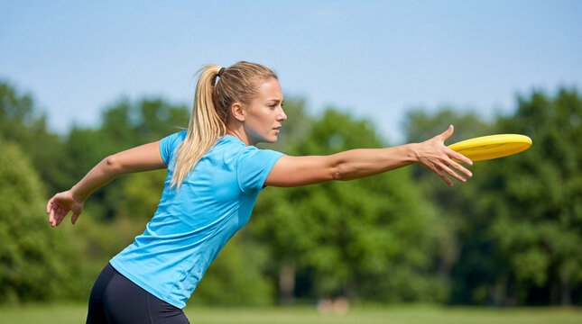 Side view of a woman throwing a yellow frisbee. Female athlete playing ultimate frisbee in a park. Outdoor recreation concept
