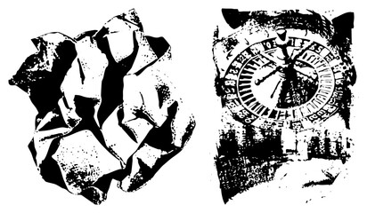 Distressed crumpled paper texture, antique sundial with Roman numerals, halftone dot, black and white vector art, isolated graphic elements.