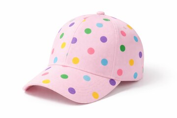 Fototapeta premium Pastel pink baseball hat featuring various multicolored polka dots over white background