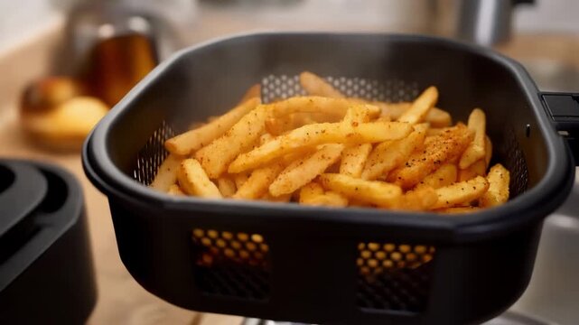 Person using a digital air fryer taking out freshly baked crispy French fries. Air fryer with uncooked French fries, chicken nuggets, sauces and spices on white marble countertop, closeup. 