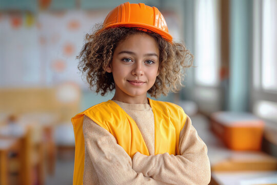 Confident Child in Construction Outfit Performing in School Play - Embracing Creativity and