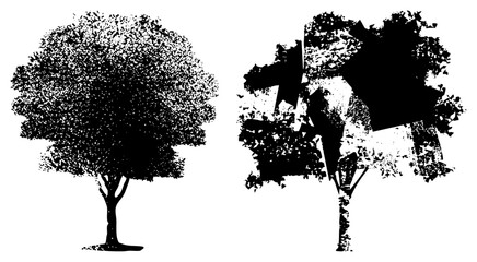 Naklejka premium Stylized tree silhouettes with halftone dot textures and shattered leaf effects, vector art, black and white, graphic design elements, isolated foreground.