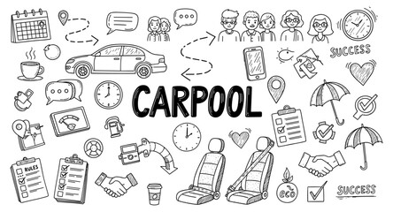 Doodle illustration of carpooling concept with various icons and text