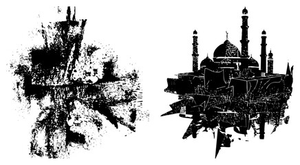 Fototapeta premium Stylized mosque silhouette with domes and minarets, fragmented halftone texture, graphic art, Islamic architecture, vector design, black and white composition.