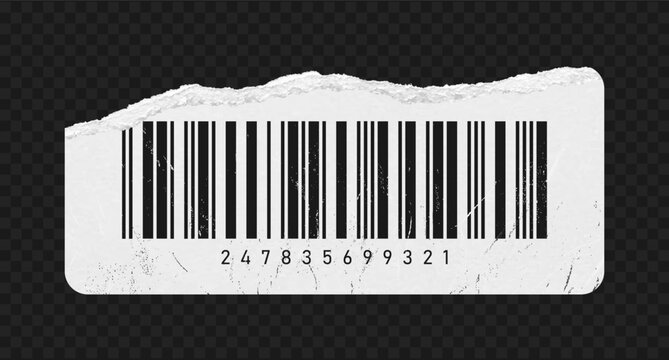 Realistic ripped paper barcode. Textured torn paper with barcode fragment. Rectangular bar code sticker with torn edge on transparent background. Vector.