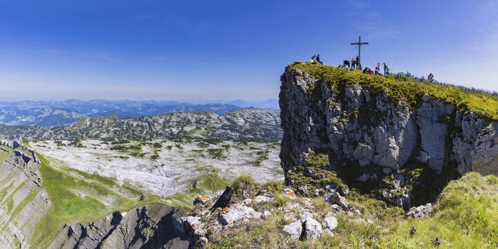 Mountain hiker, Hoher Ifen, 2230m, and Gottesacker plateau, Allg&auml;u Alps, border Bavaria, Germany, Vorarlberg