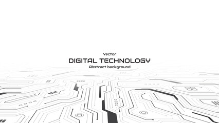 Futuristic technology perspective line circuit bg. Circuit lines and electronic elements. Interface horizon futuristic background. Artificial intelligence cybernetic circuit. Vector illustration.