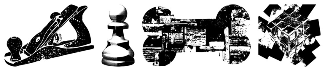 Obraz premium Classic hand plane, chess pawn, antique woodworking lathe, and abstract cube design, rendered in high contrast vector art with distressed texture and bold silhouettes.