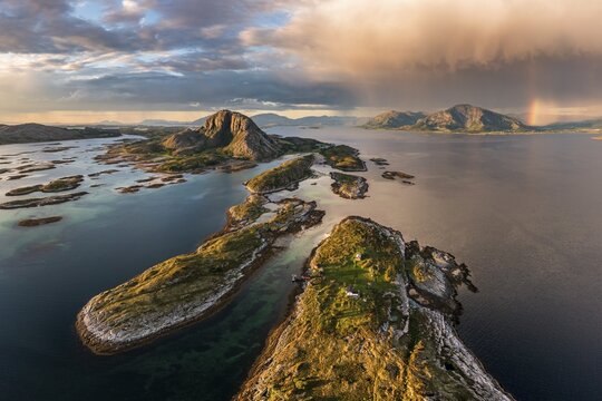Mount Torghatten with surrounding islands, rainbow, Br&oslash;nn&oslash;ysund, Helgoland, Helgeland coast, Norway