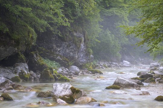 Light haze lies over the river Soca, municipality of Bovec, Slovenia