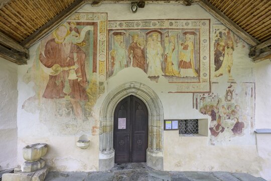 Frescoes above the entrance to the parish church of St.Peter in Holz, Lendorf, Carinthia, Austria