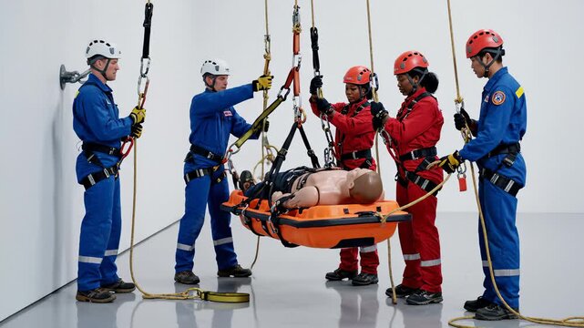 Rescue Team Practicing Lifting Injured Dummy With Stretcher and Ropes