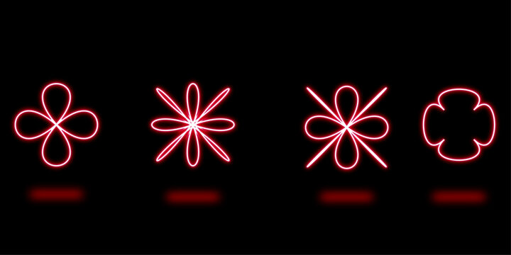 Neon Glow Flower Shapes Set on Black Background