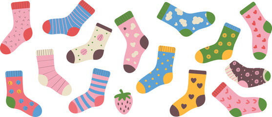 socks, collection, colorful, cute, vector, illustration, pattern, fashion, clothing, design, set, playful, textile, isolated, white, background, kids, fun, bundle, decor