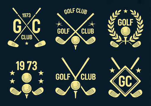 A set of six golf club logos arranged in two rows on a dark navy blue background