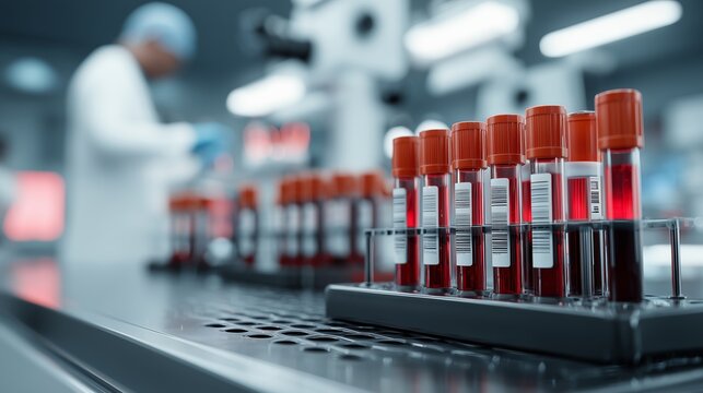Laboratory setting showing blood sample vials on table with scientist working in background wearing lab coat and gloves