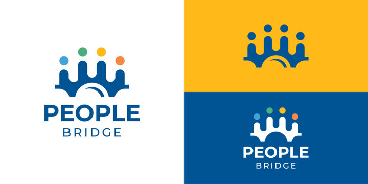 Creative simple people bridge logo template. Abstract people family human leadership, community teamwork with bridge logo design vector illustration.