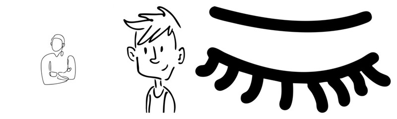 Simple black illustrations stylized human figure, smiling boy, detailed eyelash graphic. Vector for UI, web, or print design.