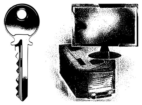 Classic skeleton key beside old school computer monitor, halftone style, digital nostalgia, tech relic, retro computing, pixel art aesthetic.