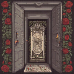 A pixel art image depicts an old, ornate door with a large mirror above it. The door is surrounded by a lush green background and has intricate rose designs.