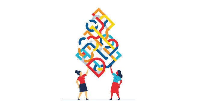 Diverse Women Teamwork Lifting Complex Abstract Data Structure. Collaboration, Corporate Synergy, and Strategic Problem Solving Vector Illustration.