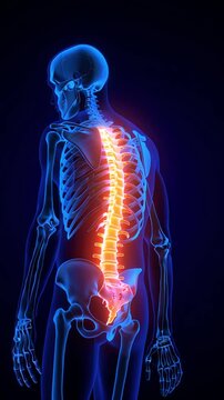 Human spine with glowing painful area representing back pain concept