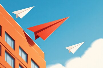 Naklejka premium Soaring Dreams and New Heights: A vibrant red paper airplane takes flight, symbolizing innovation and ambition against the backdrop of a bright blue sky and the edge of a modern building.