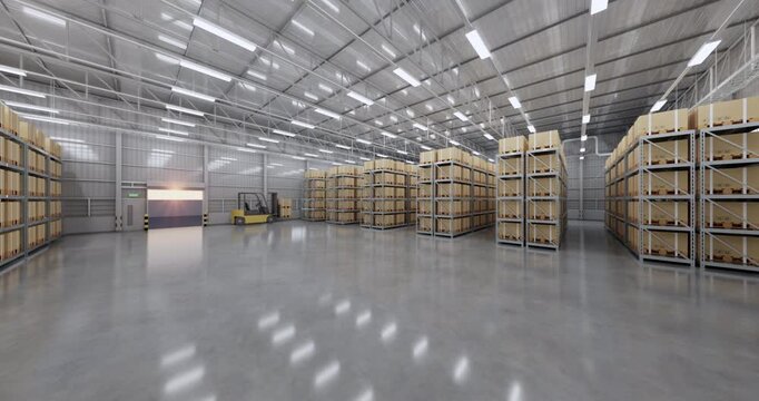 Warehouse Storage and Organization: Inside a vast, modern warehouse, rows of neatly stacked cardboard boxes fill towering metal shelves, showcasing efficient storage and operational harmony. 