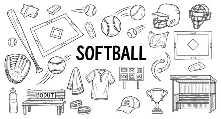 Fototapeta premium Doodle illustration of softball equipment and field elements for sports enthusiasts