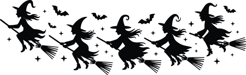 Flying witch silhouette set with broom, bats and stars, Halloween magic fantasy black illustration collection © Mosharaf Creative