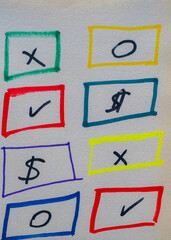 Botones y s&iacute;mbolos dibujados a mano para selecci&oacute;n, pago y verificaci&oacute;n en colores vivos