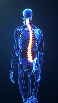 3D render of human skeletal system with glowing spine and pain indication