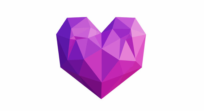 Low poly purple and pink heart shape on white background, abstract geometric design