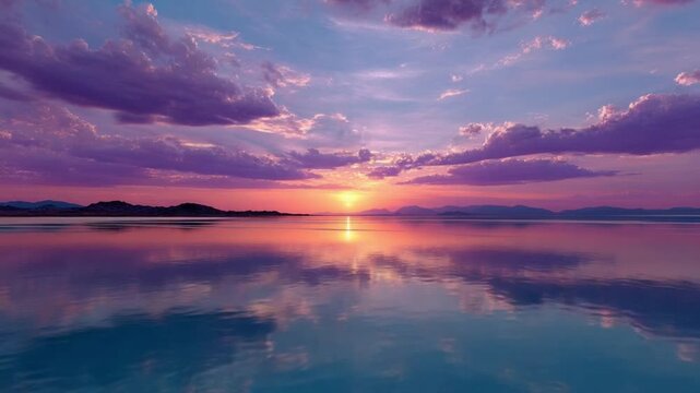 Sunset Reflection: A breathtaking scene unfolds as the sun dips below the horizon, painting the sky with vibrant hues, mirrored perfectly on the tranquil water's surface.