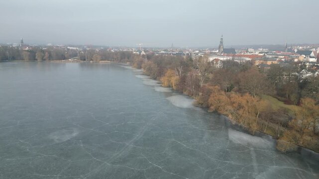 Zwickau Swan Pond frozen from above in winter 4k