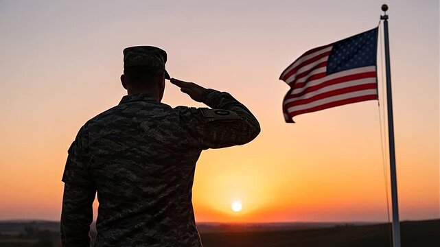 Soldier in camouflage uniform saluting the American flag against a dramatic sunset sky.