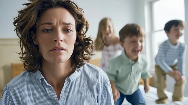 Woman with messy hair looking stressed as children jump on a bed behind her, depicting chaotic family life with playful kids