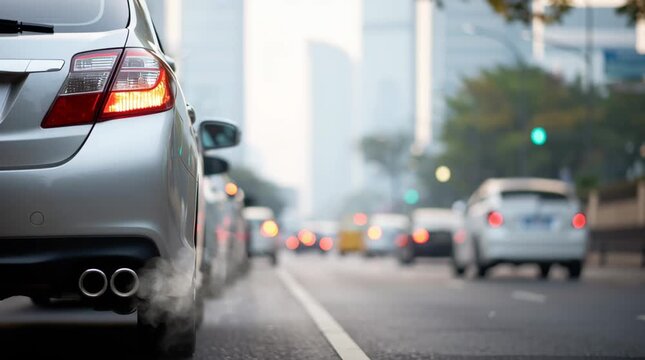 Silver car emitting exhaust on urban street, showcasing city traffic and air pollution concept