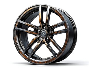 Obraz premium Close-up of a detailed, worn metallic car wheel on white background