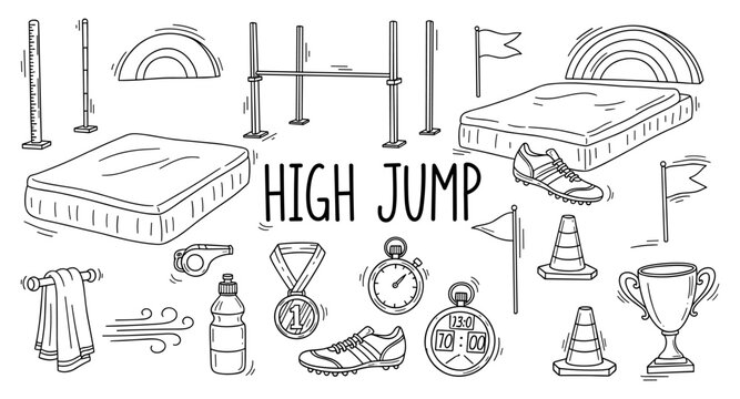 Collection of hand-drawn high jump sports equipment and elements for athletic competition