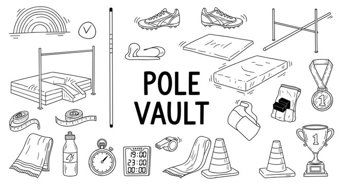 Collection of hand-drawn pole vault equipment and symbols for sports illustration