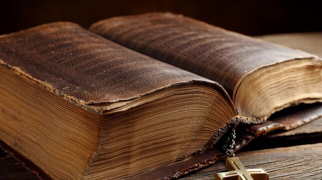 Old open book with cross on rustic wooden table. Vintage religious scripture for spiritual study and Christian faith concept.